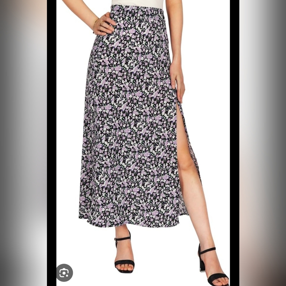 High Waisted Maxi Skirt Floral Maxi Skirt in Black and Lavender Flowers Has Slit
